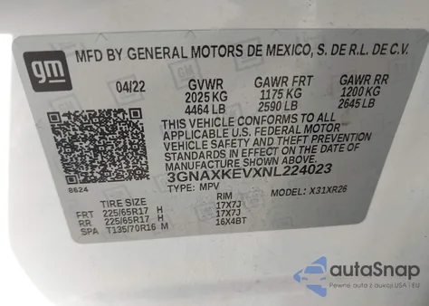 2022 Chevrolet Equinox Fwd Lt z USA, uszkodzony, nr VIN 3GNAXKEVXNL224023